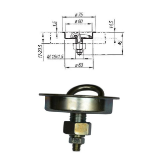 Rundt surringstrag med skrue & ring Ø 75 mm, installationsdybde 16 mm, 500 daN